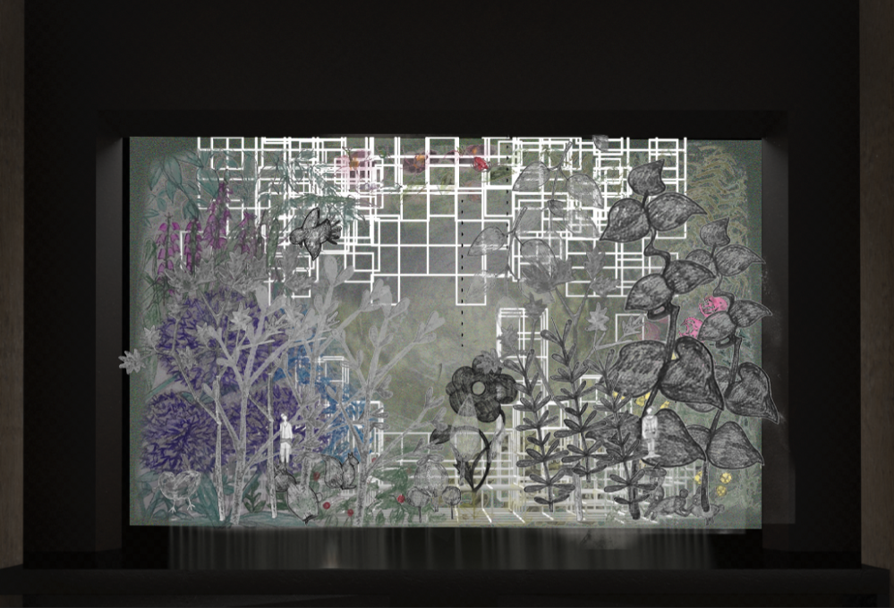 映像データのスケッチ　手書きのスケッチで森のシーンの映像が半透明紗幕に映り、その後ろの照明によって舞台装置が見えてくる様な空間イメージ<br />
Image by Shizuka Hariu